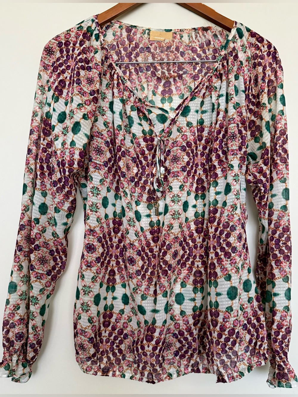 Vintage Y2K MissSixty Purple Green Sheer Boho Peasant Tie Top L Fairy Festival